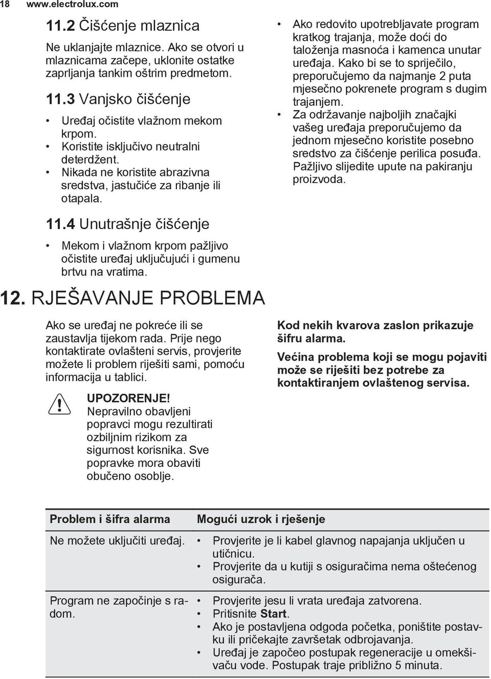 4 Unutrašnje čišćenje Mekom i vlažnom krpom pažljivo očistite uređaj uključujući i gumenu brtvu na vratima. 12. RJEŠAVANJE PROBLEMA Ako se uređaj ne pokreće ili se zaustavlja tijekom rada.