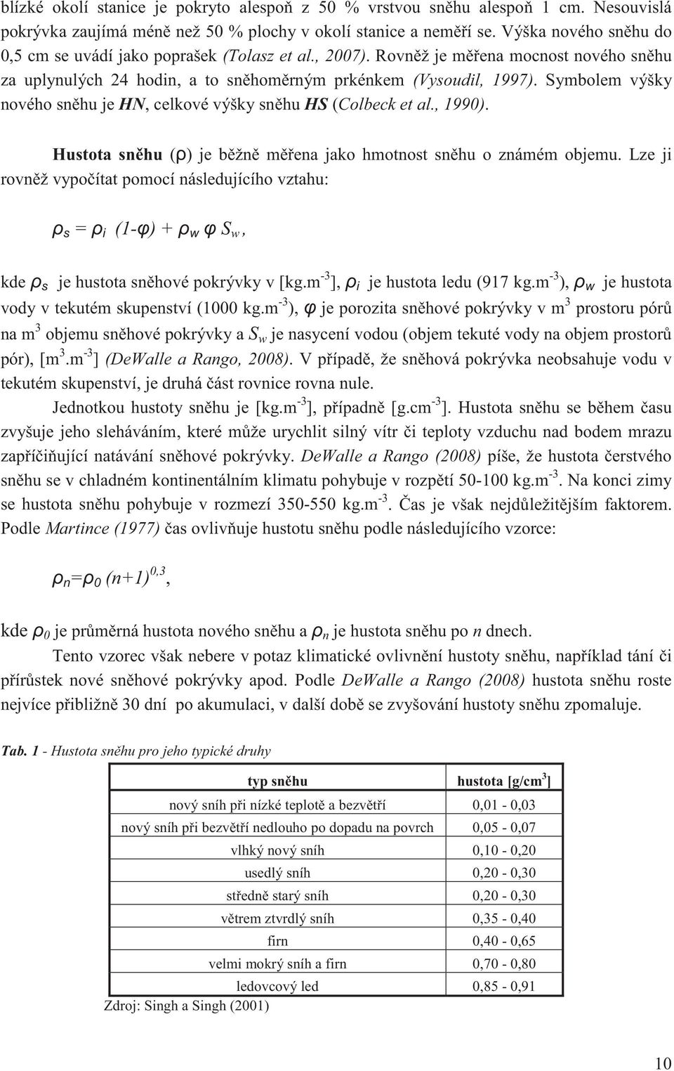 Symbolem výšky nového sn hu je HN, celkové výšky sn hu HS (Colbeck et al., 1990). Hustota sn hu ( ) je b žn m ena jako hmotnost sn hu o známém objemu.