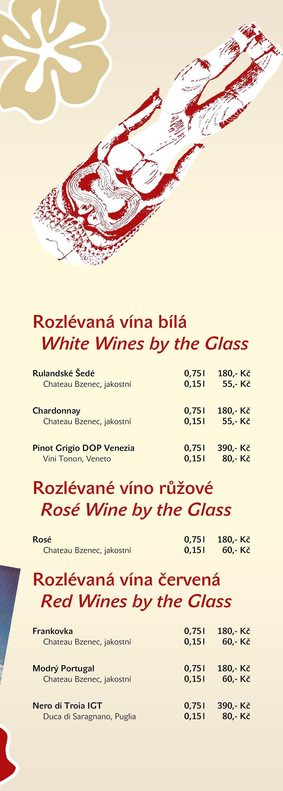 Rosé 0,75 l 180,- Kč Chateau Bzenec, jakostní 0,15 l 60,- Kč Rozlévaná vína červená Red Wines by the Glass Frankovka 0,75 l 180,- Kč Chateau Bzenec,