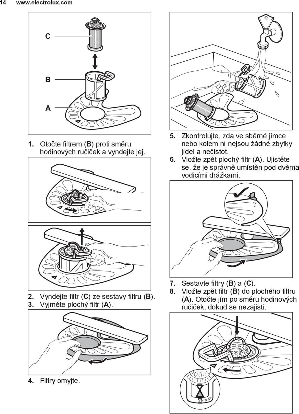 Ujistěte se, že je správně umístěn pod dvěma vodicími drážkami. 2. Vyndejte filtr (C) ze sestavy filtru (B). 3.