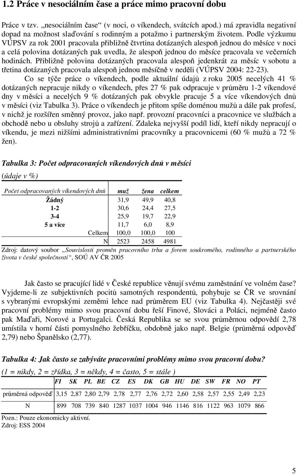 Podle výzkumu VÚPSV za rok 2001 pracovala přibližně čtvrtina dotázaných alespoň jednou do měsíce v noci a celá polovina dotázaných pak uvedla, že alespoň jednou do měsíce pracovala ve večerních