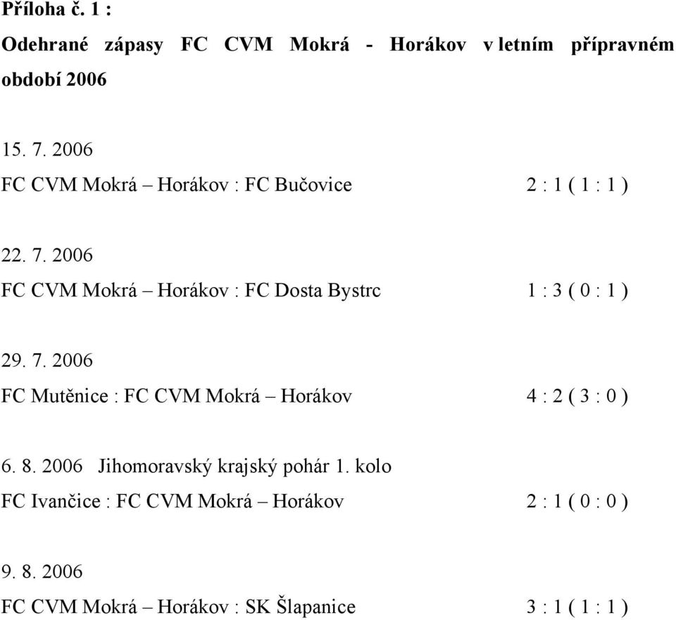 2006 FC CVM Mokrá Horákov : FC Dosta Bystrc 1 : 3 ( 0 : 1 ) 29. 7.