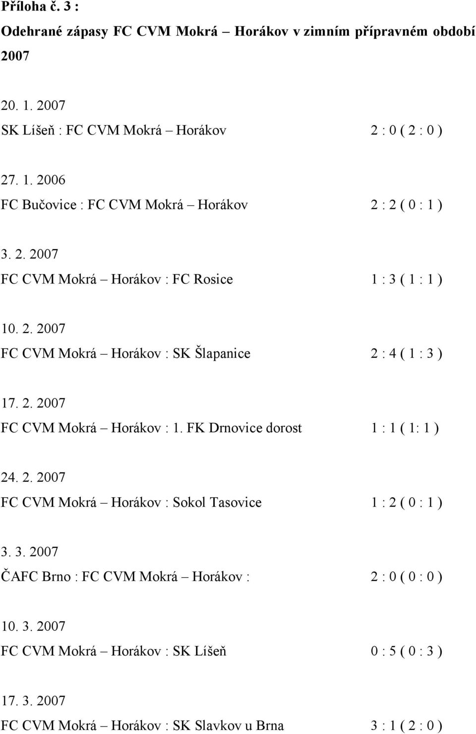 FK Drnovice dorost 1 : 1 ( 1: 1 ) 24. 2. 2007 FC CVM Mokrá Horákov : Sokol Tasovice 1 : 2 ( 0 : 1 ) 3. 3. 2007 ČAFC Brno : FC CVM Mokrá Horákov : 2 : 0 ( 0 : 0 ) 10.