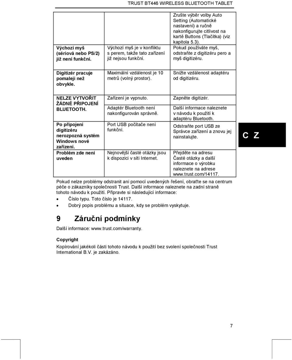 Pokud používáte myš, odstraňte z digitizéru pero a myš digitizéru. Digitizér pracuje pomaleji než obvykle. Maximální vzdálenost je 10 metrů (volný prostor). Snižte vzdálenost adaptéru od digitizéru.