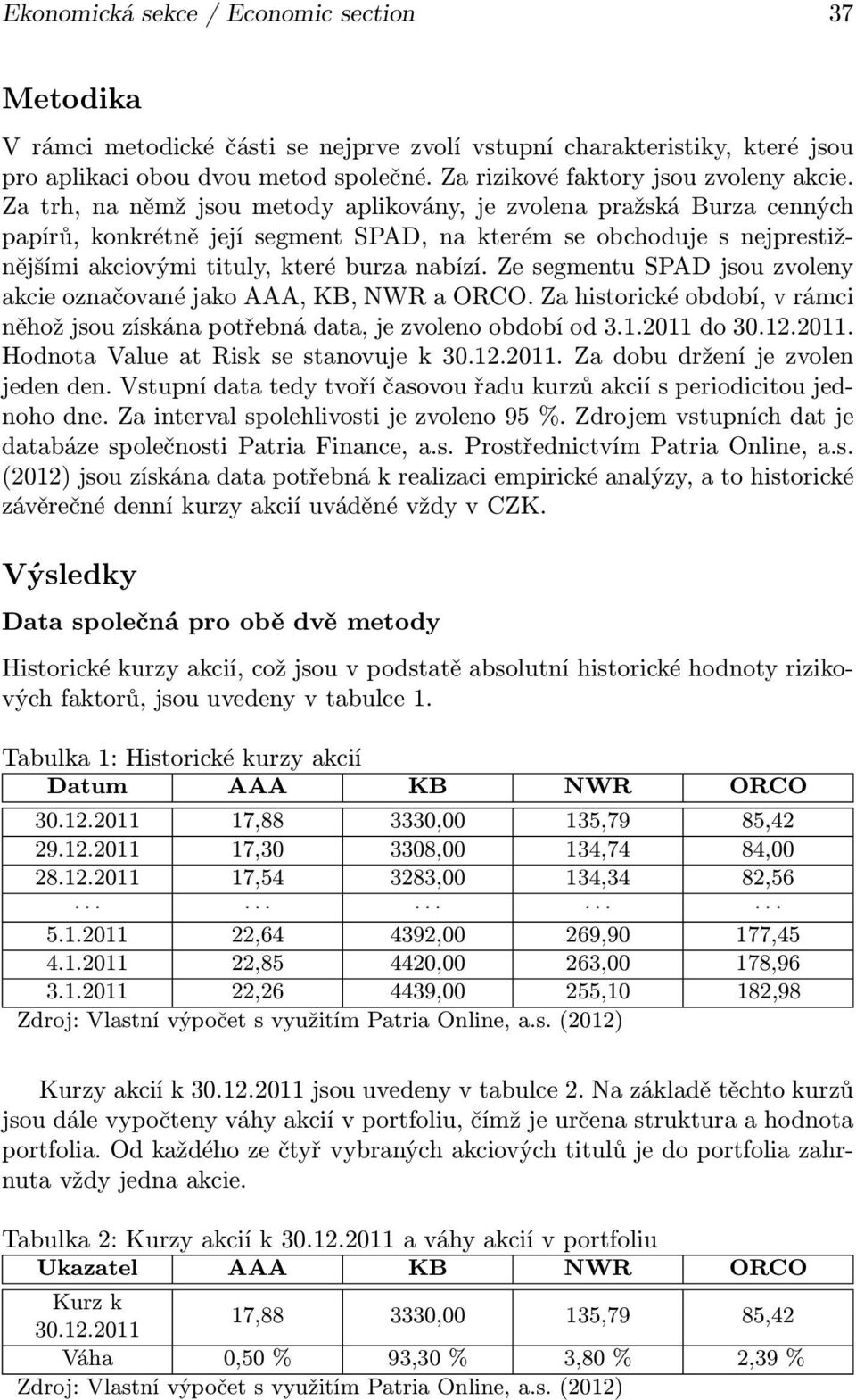 Za trh, na němž jsou metody aplikovány, je zvolena pražská Burza cenných papírů, konkrétně její segment SPAD, na kterém se obchoduje s nejprestižnějšími akciovými tituly, které burza nabízí.