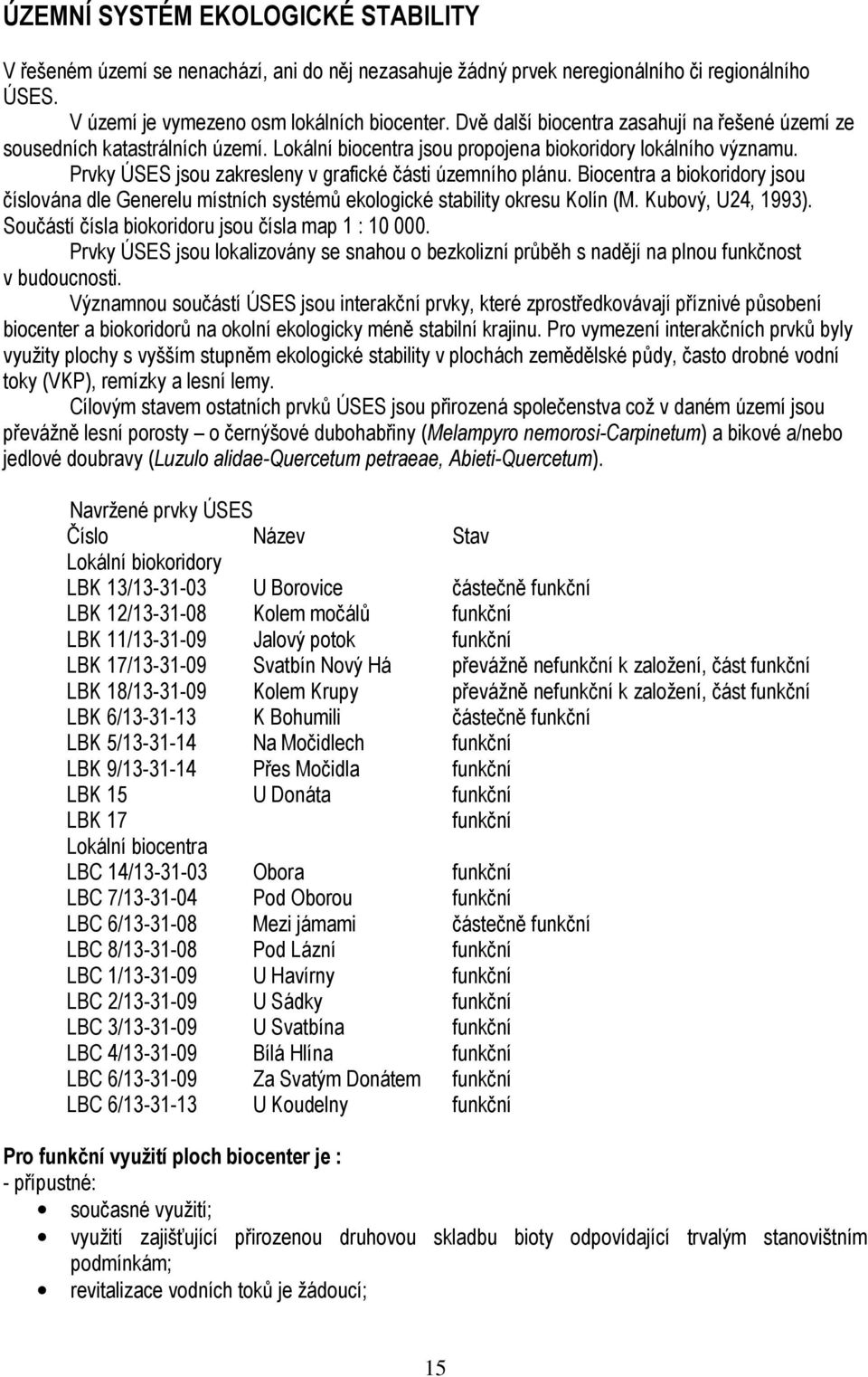 Prvky ÚSES jsou zakresleny v grafické části územního plánu. Biocentra a biokoridory jsou číslována dle Generelu místních systémů ekologické stability okresu Kolín (M. Kubový, U24, 1993).