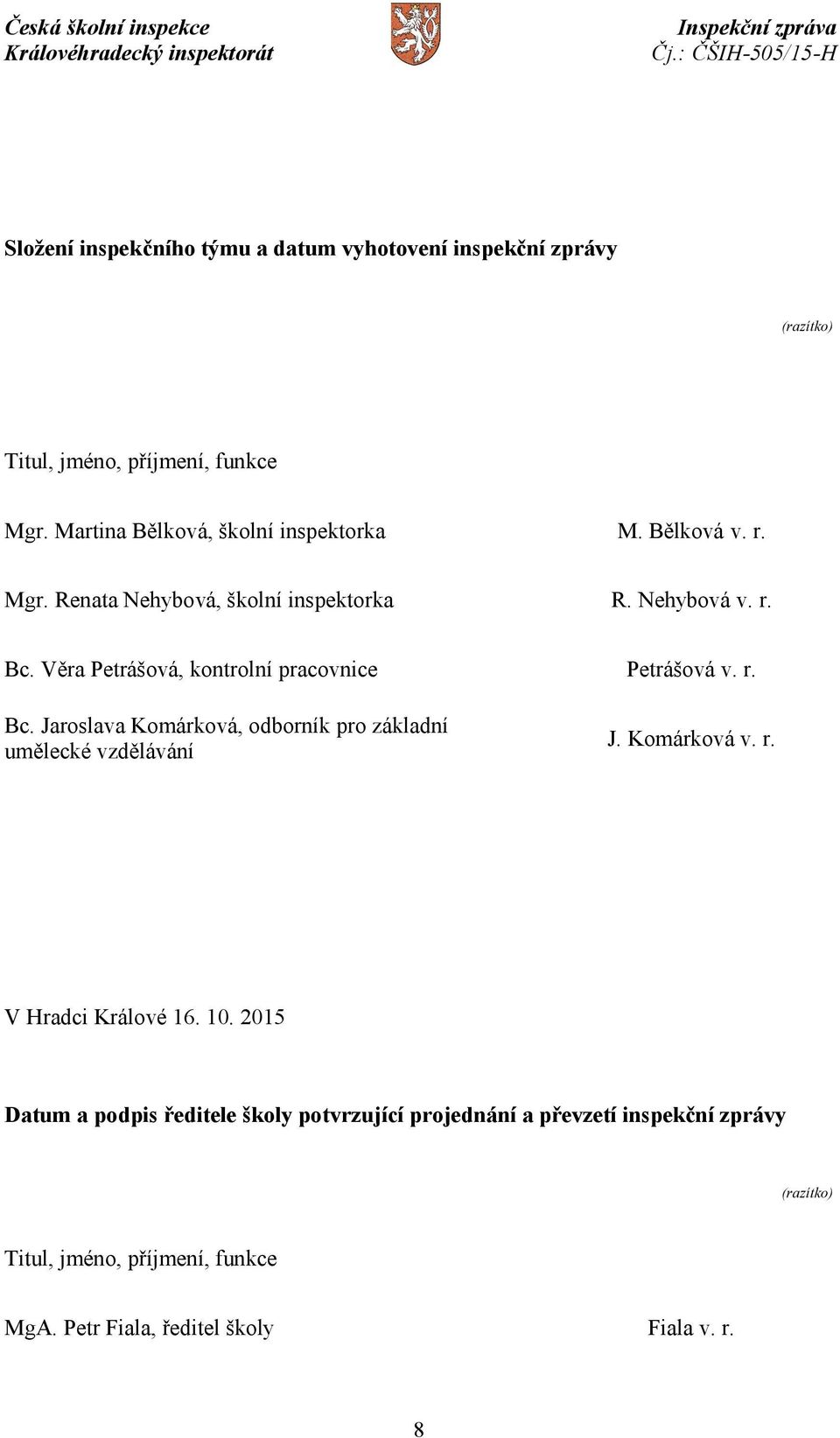 Věra Petrášová, kontrolní pracovnice Petrášová v. r. Bc. Jaroslava Komárková, odborník pro základní umělecké vzdělávání J. Komárková v. r. V Hradci Králové 16.