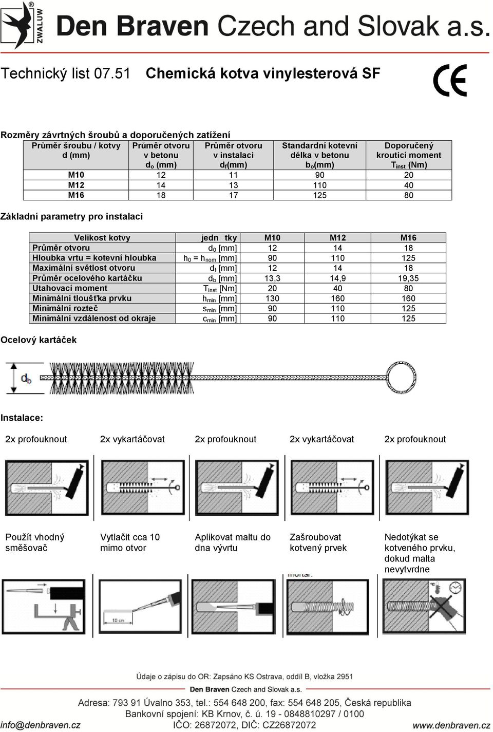 kotevní hloubka h 0 = h nom [mm] 90 110 125 Maximální světlost otvoru d f [mm] 12 14 18 Průměr ocelového kartáčku d b [mm] 13,3 14,9 19,35 Utahovací moment T inst [Nm] 20 40 80 Minimální tloušťka