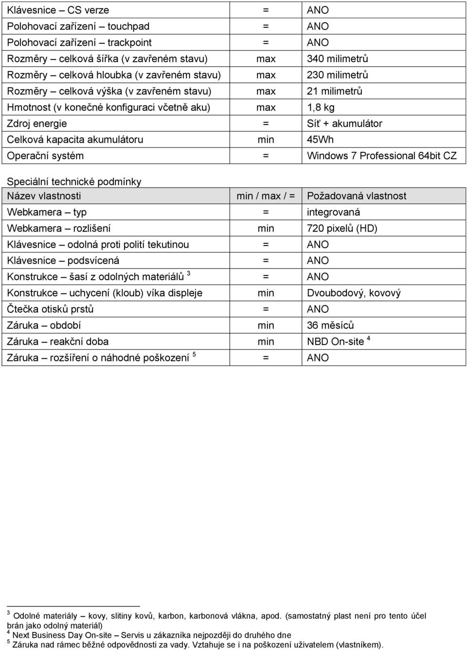 45Wh Operační systém = Windows 7 Professional 64bit CZ Speciální technické podmínky Webkamera typ = integrovaná Webkamera rozlišení min 720 pixelů (HD) Klávesnice odolná proti polití tekutinou = ANO