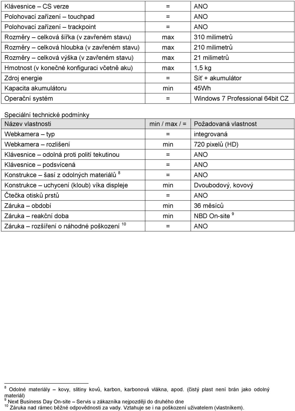 Operační systém = Windows 7 Professional 64bit CZ Speciální technické podmínky Webkamera typ = integrovaná Webkamera rozlišení min 720 pixelů (HD) Klávesnice odolná proti polití tekutinou = ANO