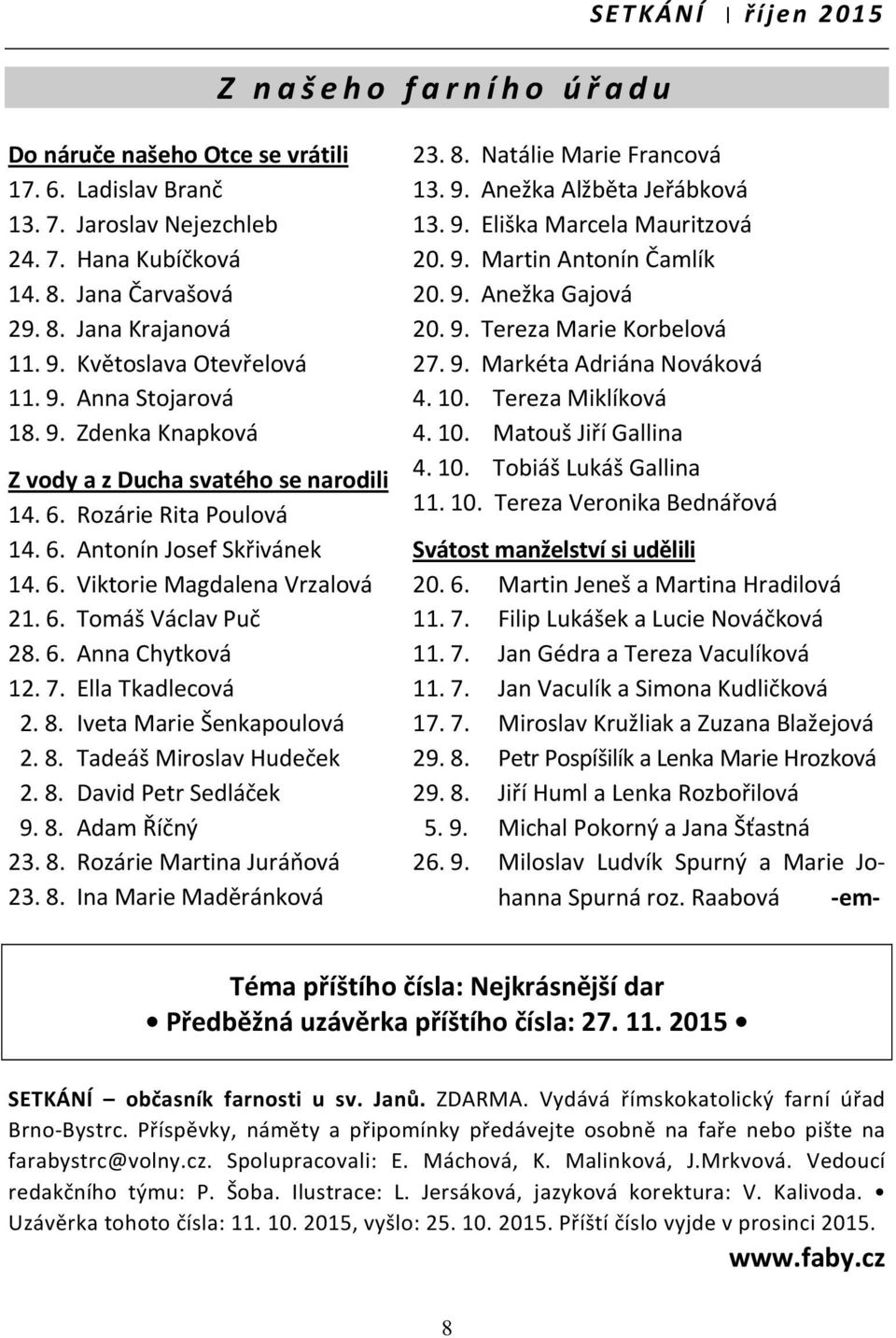 6. Tomáš Václav Puč 28. 6. Anna Chytková 12. 7. Ella Tkadlecová 2. 8. Iveta Marie Šenkapoulová 2. 8. Tadeáš Miroslav Hudeček 2. 8. David Petr Sedláček 9. 8. Adam Říčný 23. 8. Rozárie Martina Juráňová 23.