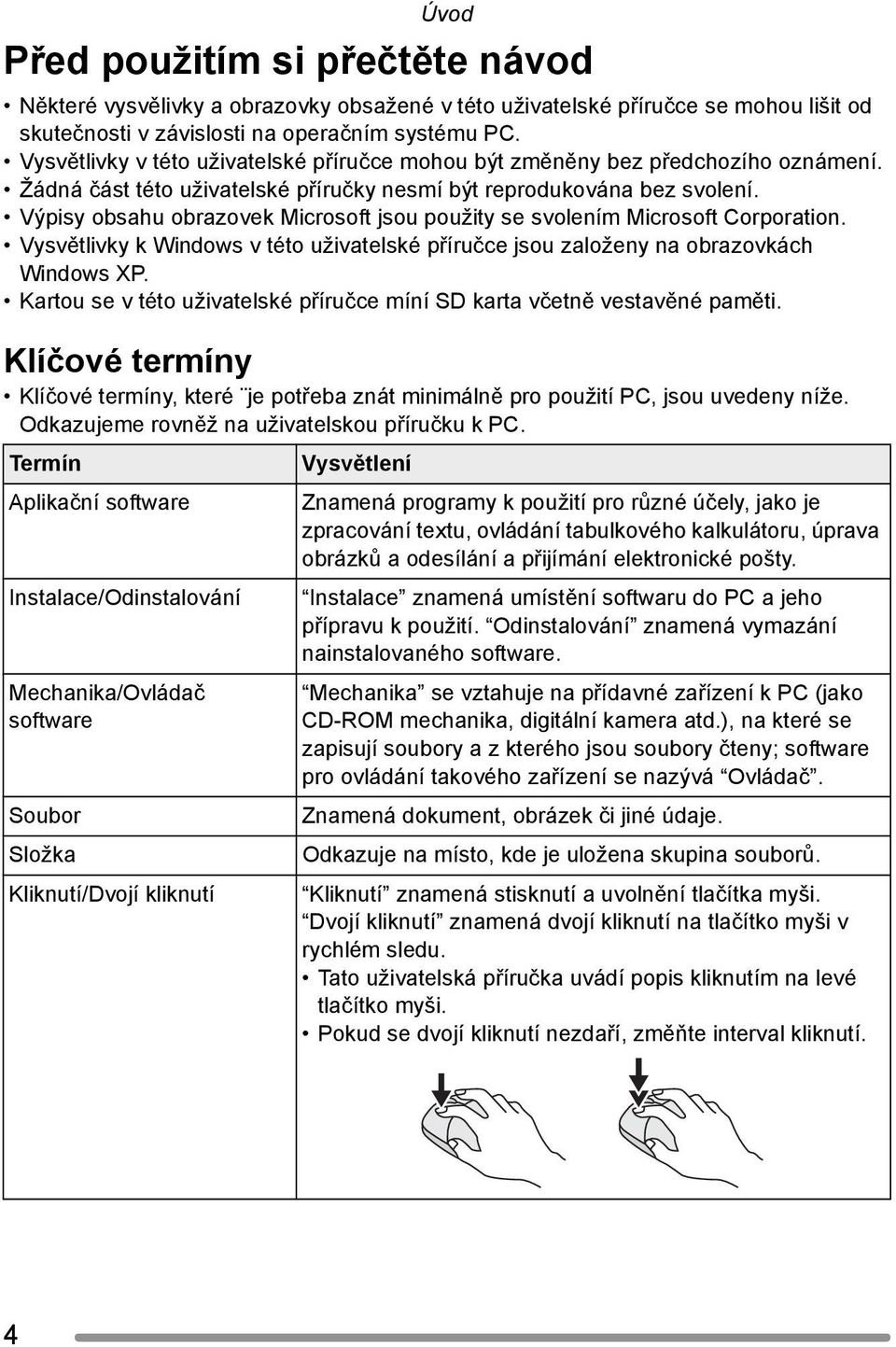 Výpisy obsahu obrazovek Microsoft jsou použity se svolením Microsoft Corporation. Vysvětlivky k Windows v této uživatelské příručce jsou založeny na obrazovkách Windows XP.