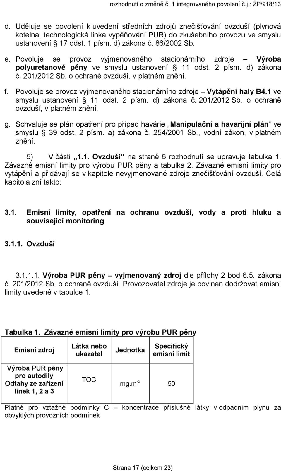 86/2002 Sb. e. Povoluje se provoz vyjmenovaného stacionárního zdroje Výroba polyuretanové pěny ve smyslu ustanovení 11 odst. 2 písm. d) zákona č. 201/2012 Sb. o ochraně ovzduší, v platném znění. f.