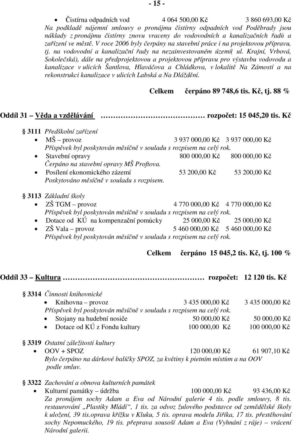 Krajní, Vrbová, Sokolečská), dále na předprojektovou a projektovou přípravu pro výstavbu vodovodu a kanalizace v ulicích Šantlova, Hlaváčova a Chládkova, v lokalitě Na Zámostí a na rekonstrukci