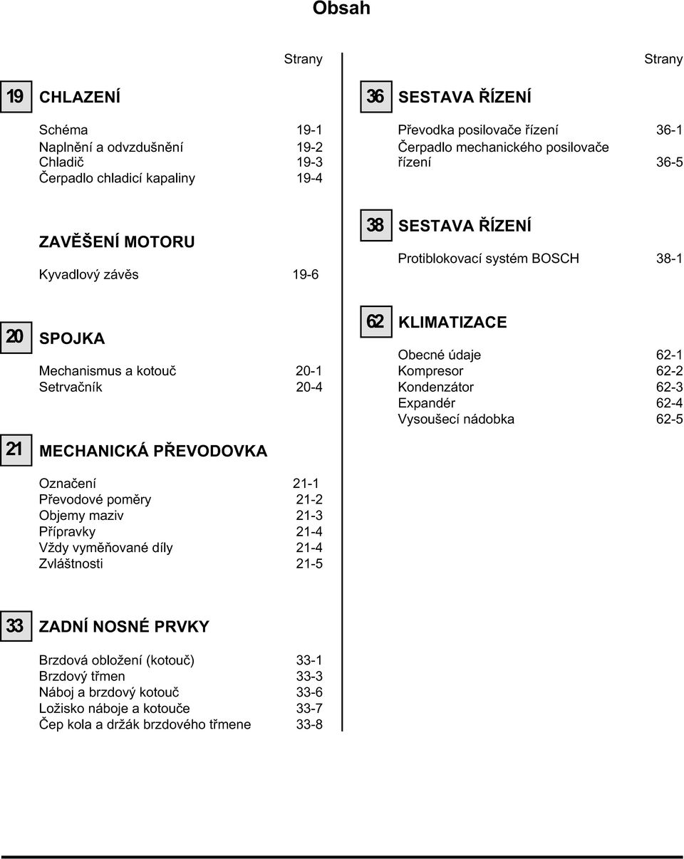 údaje 62-1 Kompresor 62-2 Kondenzátor 62-3 Expandér 62-4 Vysoušecí nádobka 62-5 21 MECHANICKÁ PŘEVODOVKA Označení 21-1 Převodové poměry 21-2 Objemy maziv 21-3 Přípravky 21-4 Vždy vyměňované