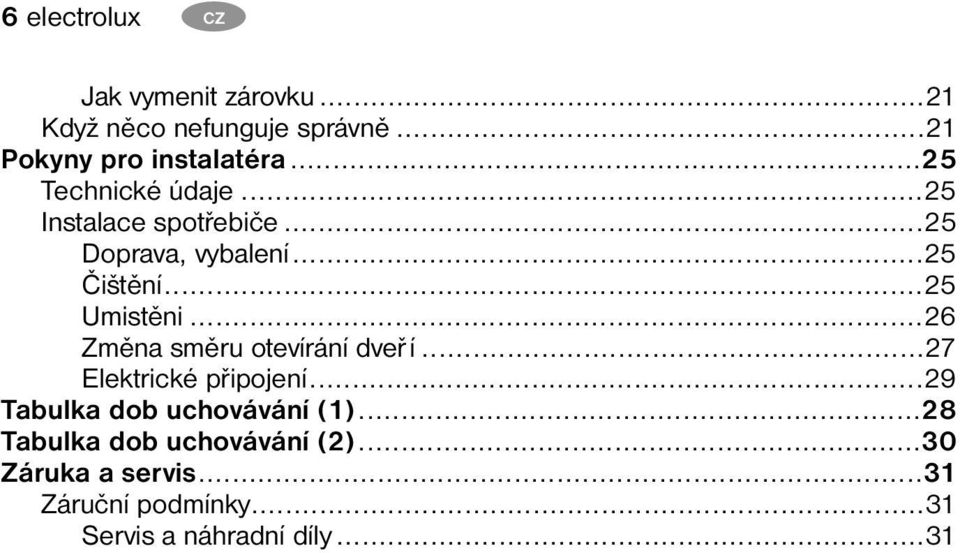 ..26 Změna směru otevírání dveř í...27 Elektrické připojení...29 Tabulka dob uchovávání (1).