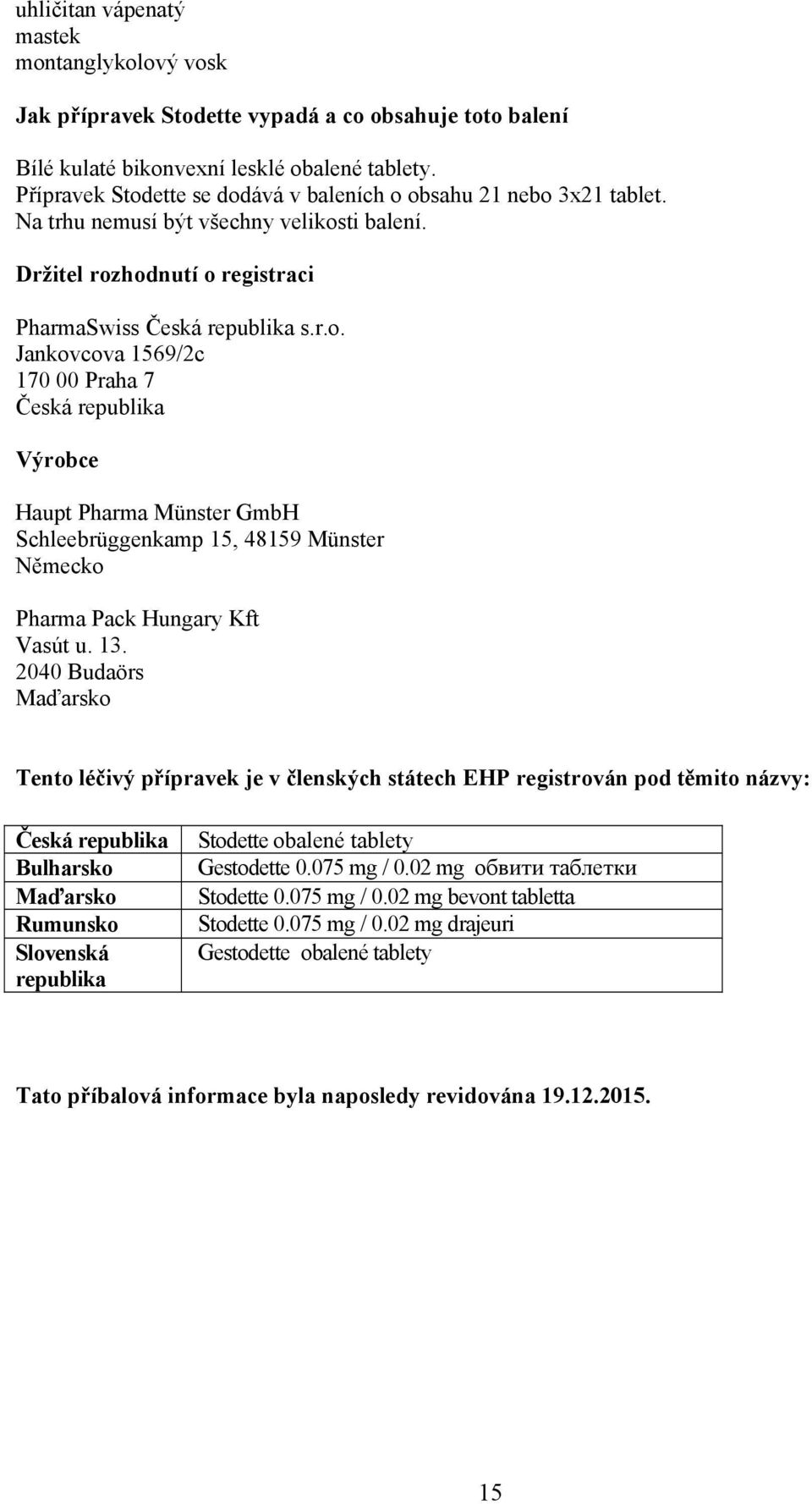 13. 2040 Budaörs Maďarsko Tento léčivý přípravek je v členských státech EHP registrován pod těmito názvy: Česká republika Bulharsko Maďarsko Rumunsko Slovenská republika Stodette obalené tablety