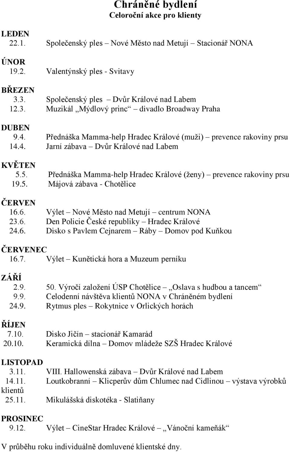 5. Přednáška Mamma-help Hradec Králové (ţeny) prevence rakoviny prsu 19.5. Májová zábava - Chotělice ČERVEN 16.6. Výlet Nové Město nad Metují centrum NONA 23.6. Den Policie České republiky Hradec Králové 24.