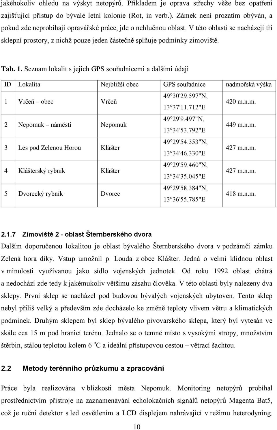 Tab. 1. Seznam lokalit s jejich GPS souřadnicemi a dalšími údaji ID Lokalita Nejbližší obec GPS souřadnice nadmořská výška 1 Vrčeň obec Vrčeň 49 30'29.597"N, 13 37'11.712"E 420 m.n.m. 2 Nepomuk náměstí Nepomuk 49 29'9.