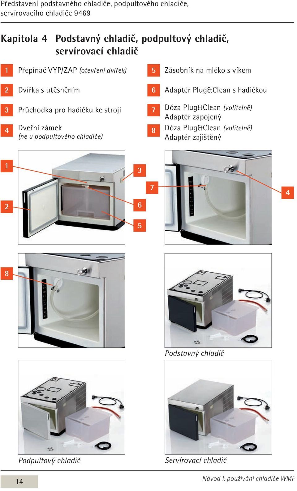 Plug&Clean s hadičkou 3 Průchodka pro hadičku ke stroji 7 Dóza Plug&Clean (volitelně) Adaptér zapojený 4 Dveřní zámek (ne u