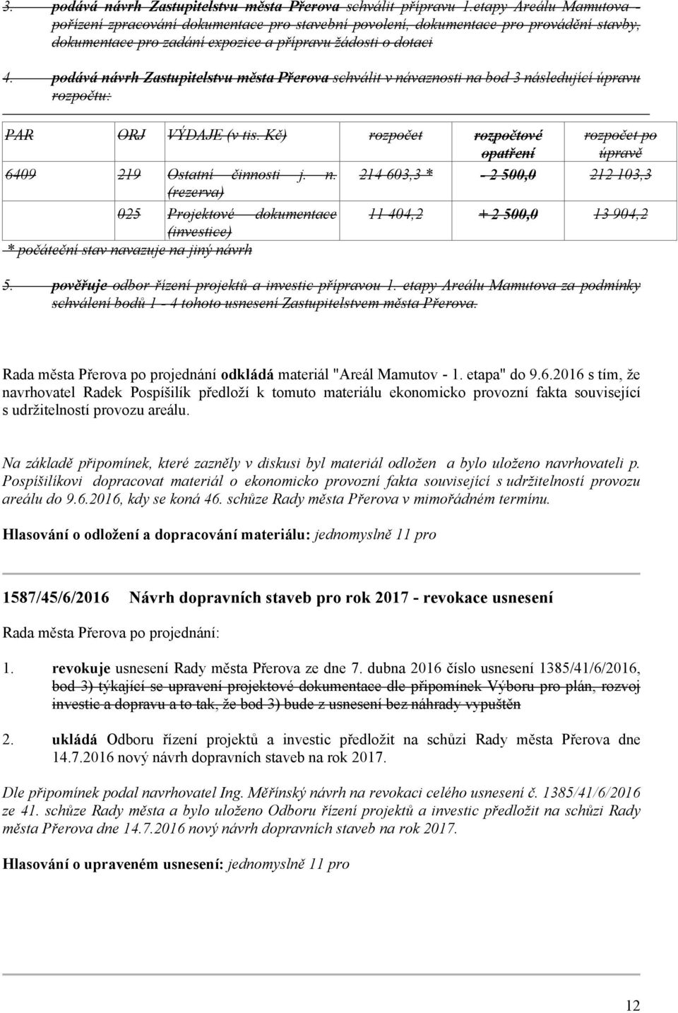 rozpočet 214 603,3 * rozpočtové opatření - 2 500,0 rozpočet po úpravě 212 103,3 11 404,2 + 2 500,0 13 904,2 pověřuje odbor řízení projektů a investic přípravou etapy Areálu Mamutova za podmínky