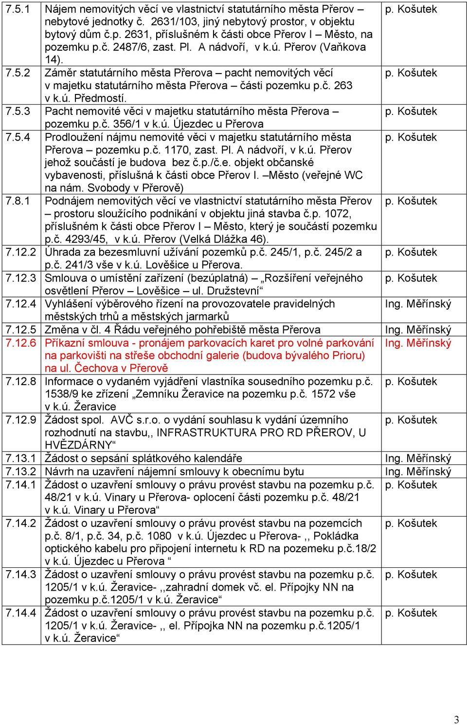 7.5.3 Pacht nemovité věci v majetku statutárního města Přerova pozemku p.č. 356/1 v k.ú. Újezdec u Přerova 7.5.4 Prodloužení nájmu nemovité věci v majetku statutárního města Přerova pozemku p.č. 1170, zast.