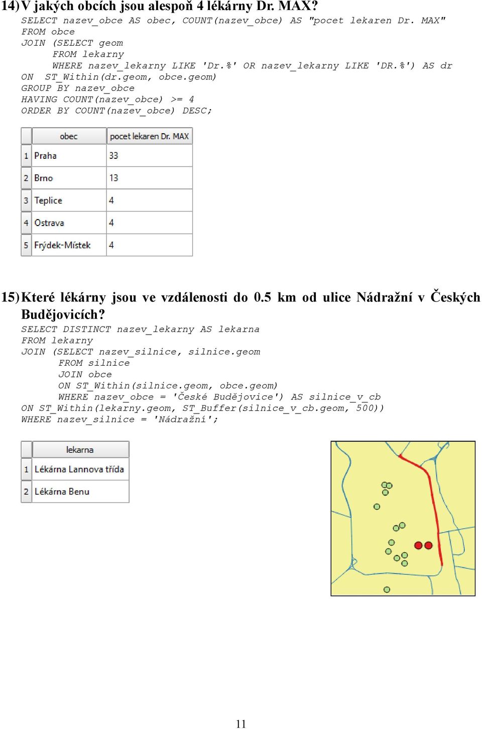 geom) GROUP BY nazev_obce HAVING COUNT(nazev_obce) >= 4 ORDER BY COUNT(nazev_obce) DESC; 15) Které lékárny jsou ve vzdálenosti do 0.5 km od ulice Nádražní v Českých Budějovicích?