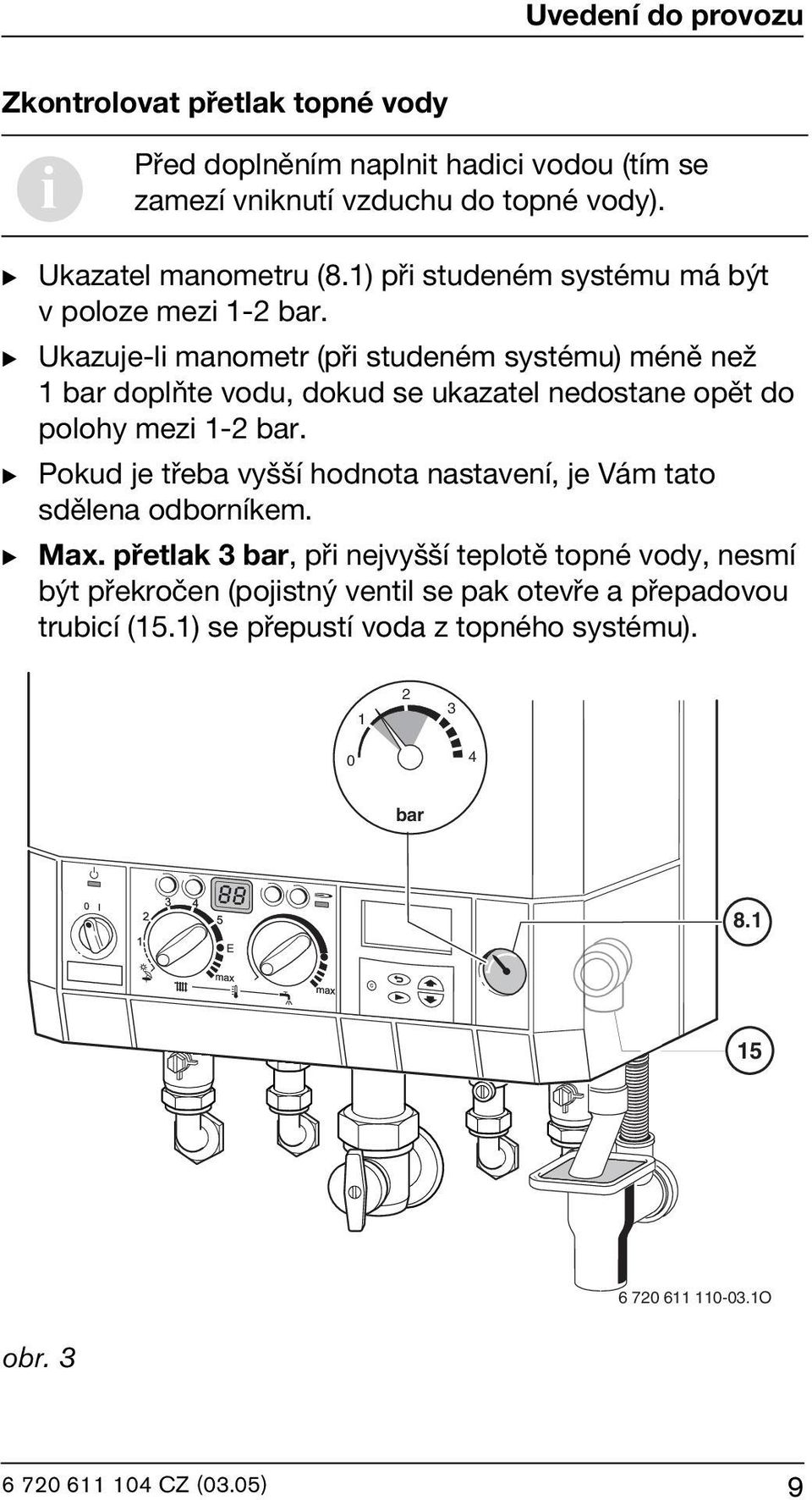 B Ukazuje-li manometr (při studeném systému) méně než 1 bar doplňte vodu, dokud se ukazatel nedostane opět do polohy mezi 1-2 bar.