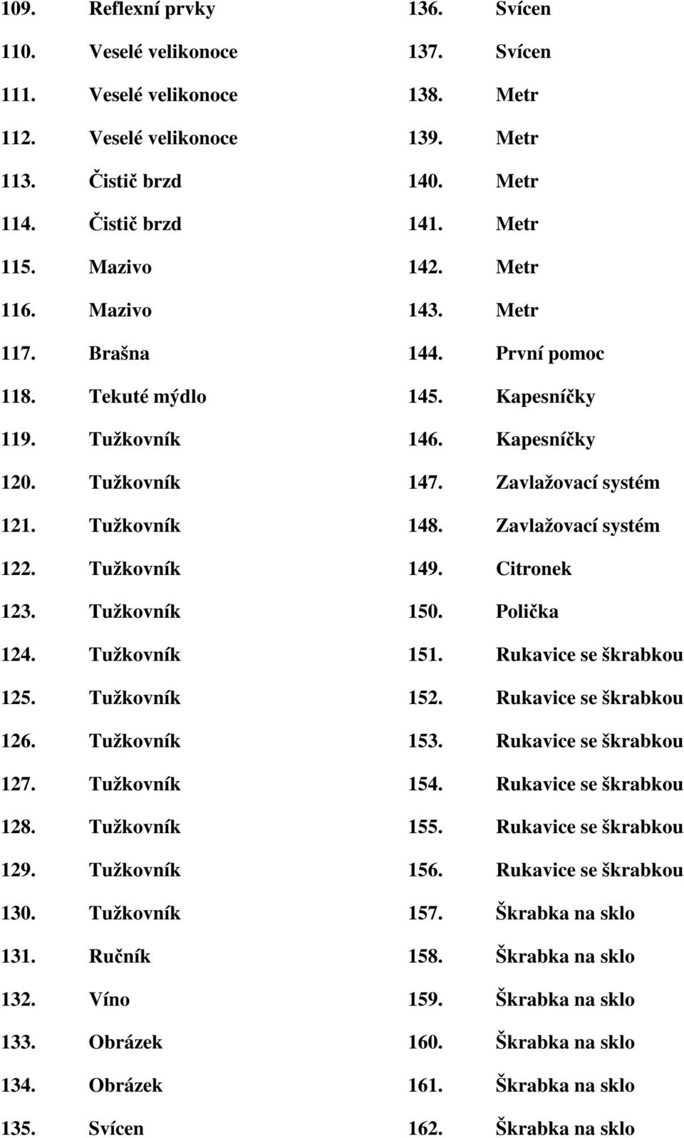 Obrázek 135. Svícen 136. Svícen 137. Svícen 138. Metr 139. Metr 140. Metr 141. Metr 142. Metr 143. Metr 144. První pomoc 145. Kapesníčky 146. Kapesníčky 147. Zavlažovací systém 148.