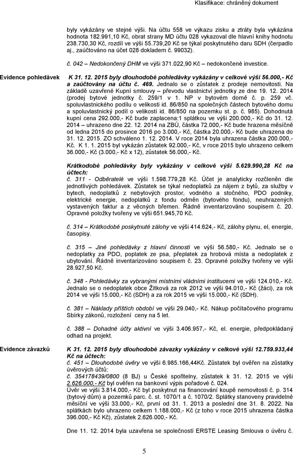 2015 byly dlouhodobé pohledávky vykázány v celkové výši 56.000,- Kč a zaúčtovány na účtu č. 469. Jednalo se o zůstatek z prodeje nemovitosti.