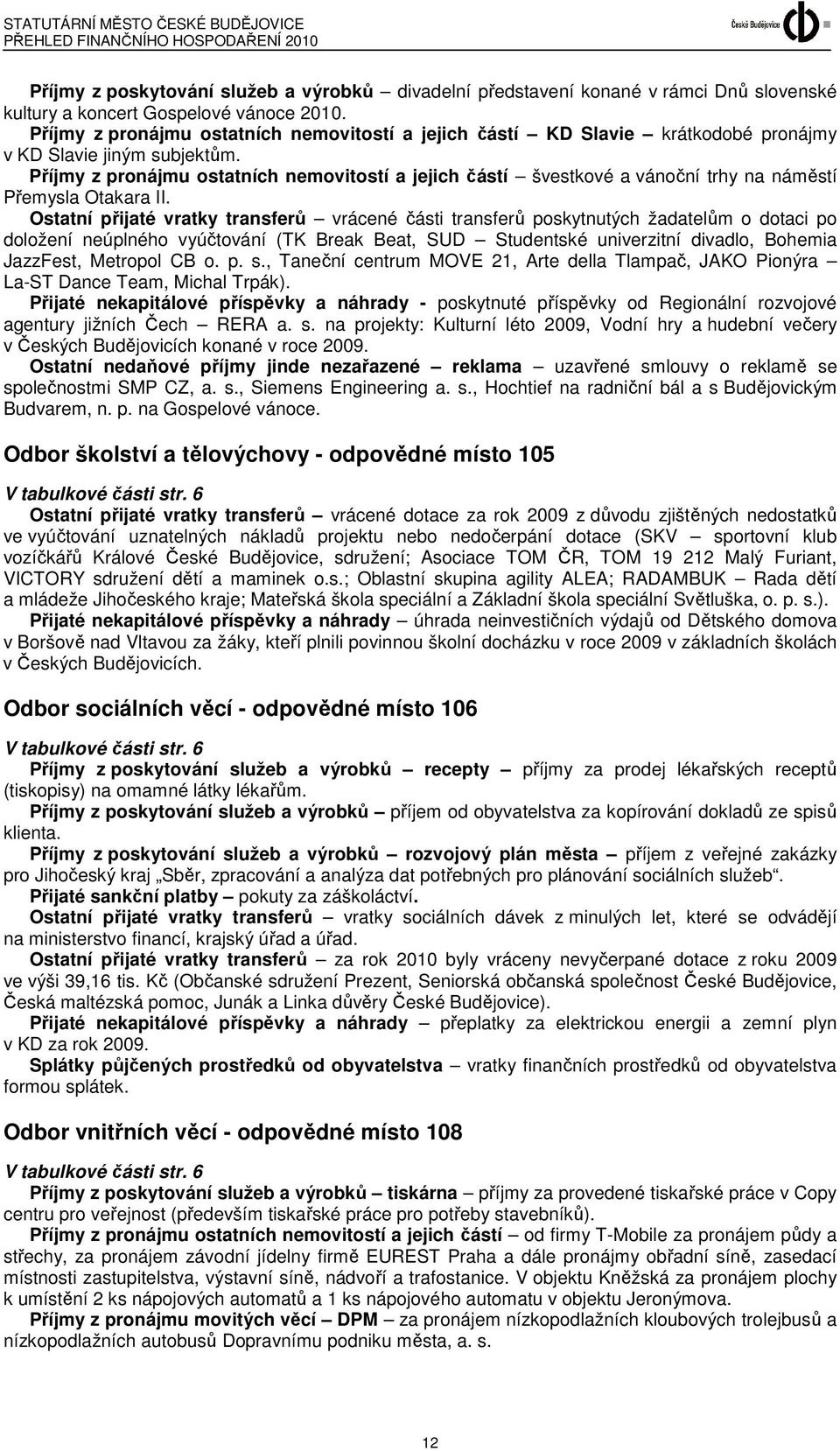 Příjmy z pronájmu ostatních nemovitostí a jejich částí švestkové a vánoční trhy na náměstí Přemysla Otakara II.