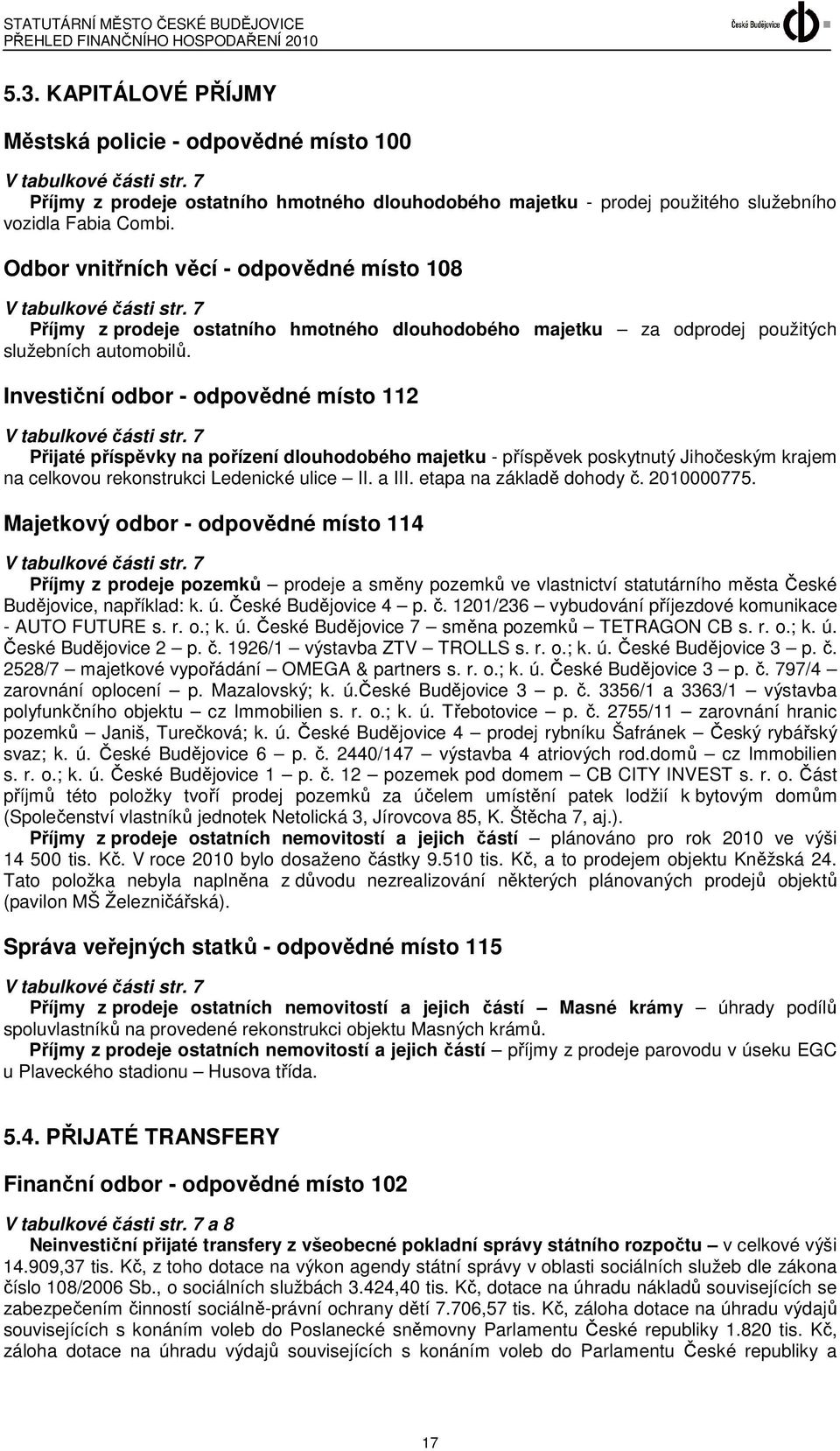 Investiční odbor - odpovědné místo 112 V tabulkové části str. 7 Přijaté příspěvky na pořízení dlouhodobého majetku - příspěvek poskytnutý Jihočeským krajem na celkovou rekonstrukci Ledenické ulice II.