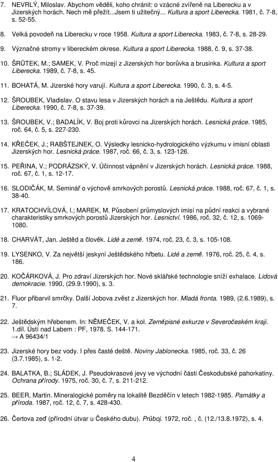 ; SAMEK, V. Proč mizejí z Jizerských hor borůvka a brusinka. Kultura a sport Liberecka. 1989, č. 7-8, s. 45. 11. BOHATÁ, M. Jizerské hory varují. Kultura a sport Liberecka. 1990, č. 3, s. 4-5. 12.