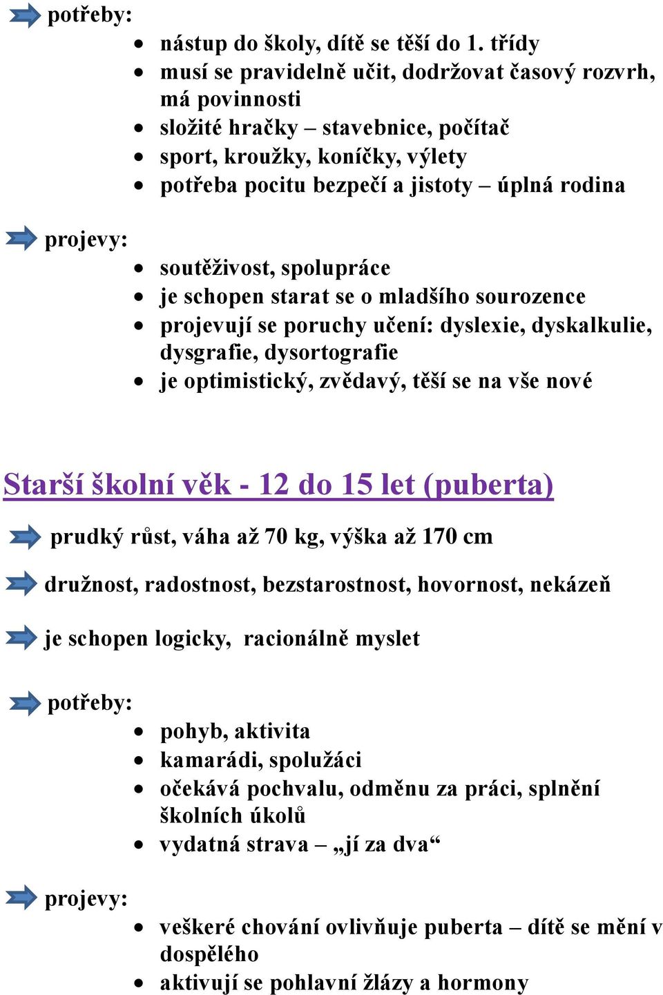 soutěživost, spolupráce je schopen starat se o mladšího sourozence projevují se poruchy učení: dyslexie, dyskalkulie, dysgrafie, dysortografie je optimistický, zvědavý, těší se na vše nové Starší