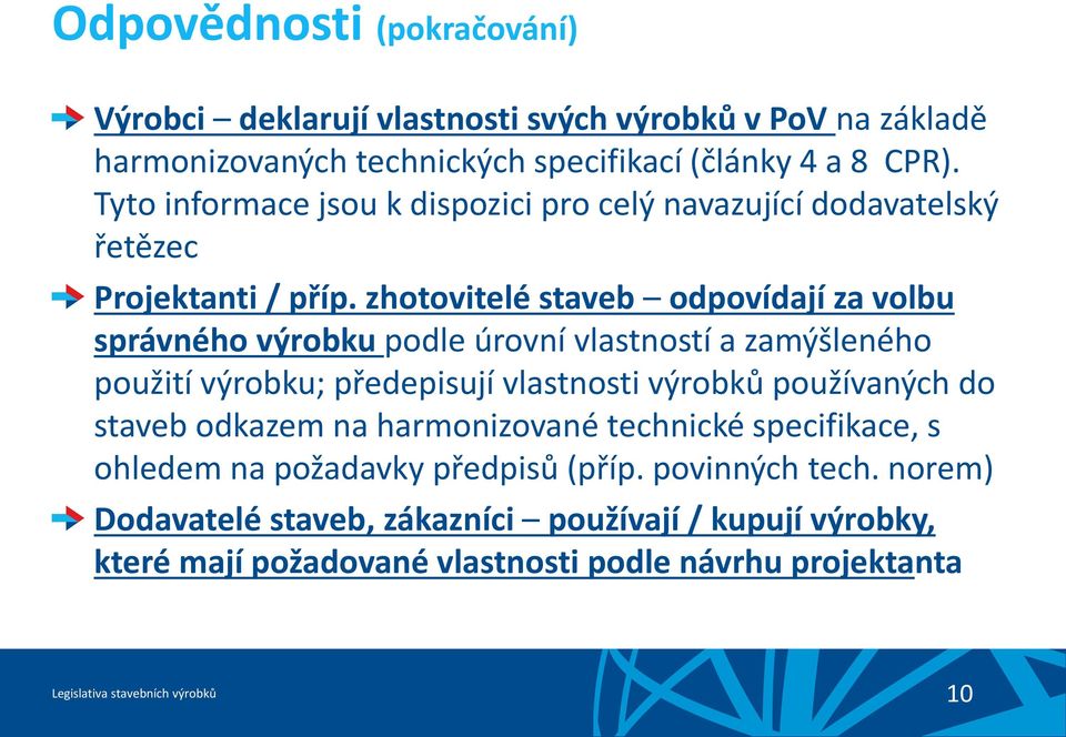 zhotovitelé staveb odpovídají za volbu správného výrobku podle úrovní vlastností a zamýšleného použití výrobku; předepisují vlastnosti výrobků používaných do staveb