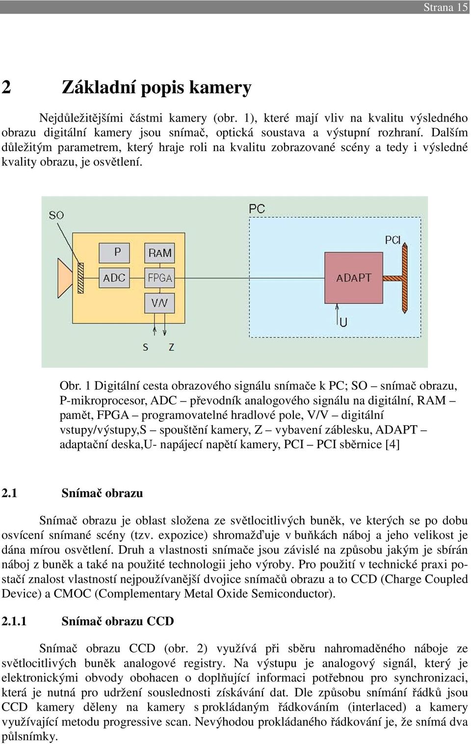 1 Digitální cesta obrazového signálu snímače k PC; SO snímač obrazu, P-mikroprocesor, ADC převodník analogového signálu na digitální, RAM pamět, FPGA programovatelné hradlové pole, V/V digitální