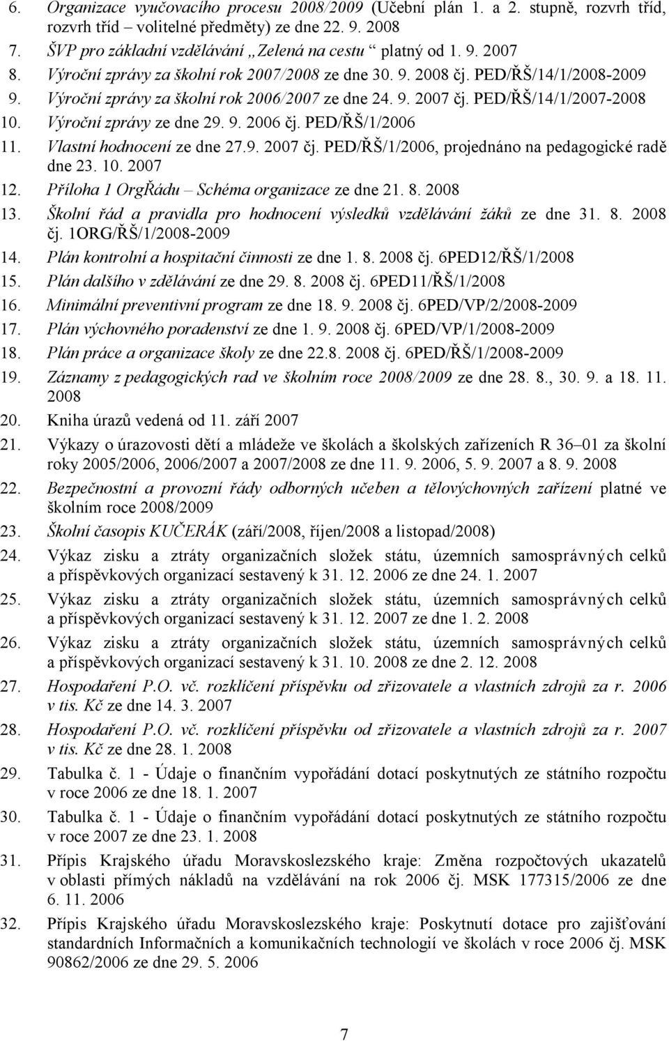 9. 2006 čj. PED/ŘŠ/1/2006 11. Vlastní hodnocení ze dne 27.9. 2007 čj. PED/ŘŠ/1/2006, projednáno na pedagogické radě dne 23. 10. 2007 12. Příloha 1 OrgŘádu Schéma organizace ze dne 21. 8. 2008 13.