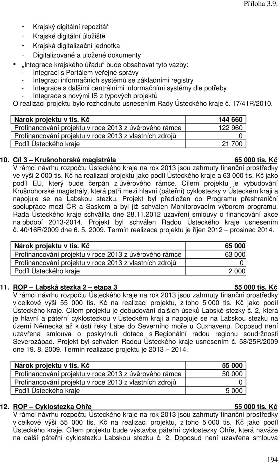 realizaci projektu bylo rozhodnuto usnesením Rady Ústeckého kraje č. 17/41R/2010. Nárok projektu 144 660 Profinancování projektu v roce 2013 z úvěrového rámce 122 960 Podíl Ústeckého kraje 21 700 10.