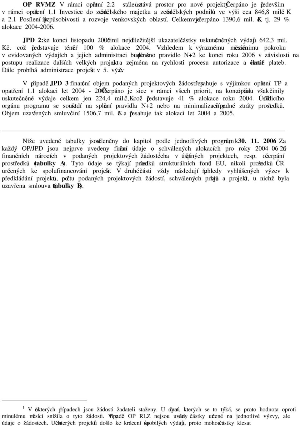 JPD 2: ke konci listopadu činil nejdůležitější ukazatel částky uskutečněných výdajů 642,3 mil. Kč. což představuje téměř 100 % alokace 2004.