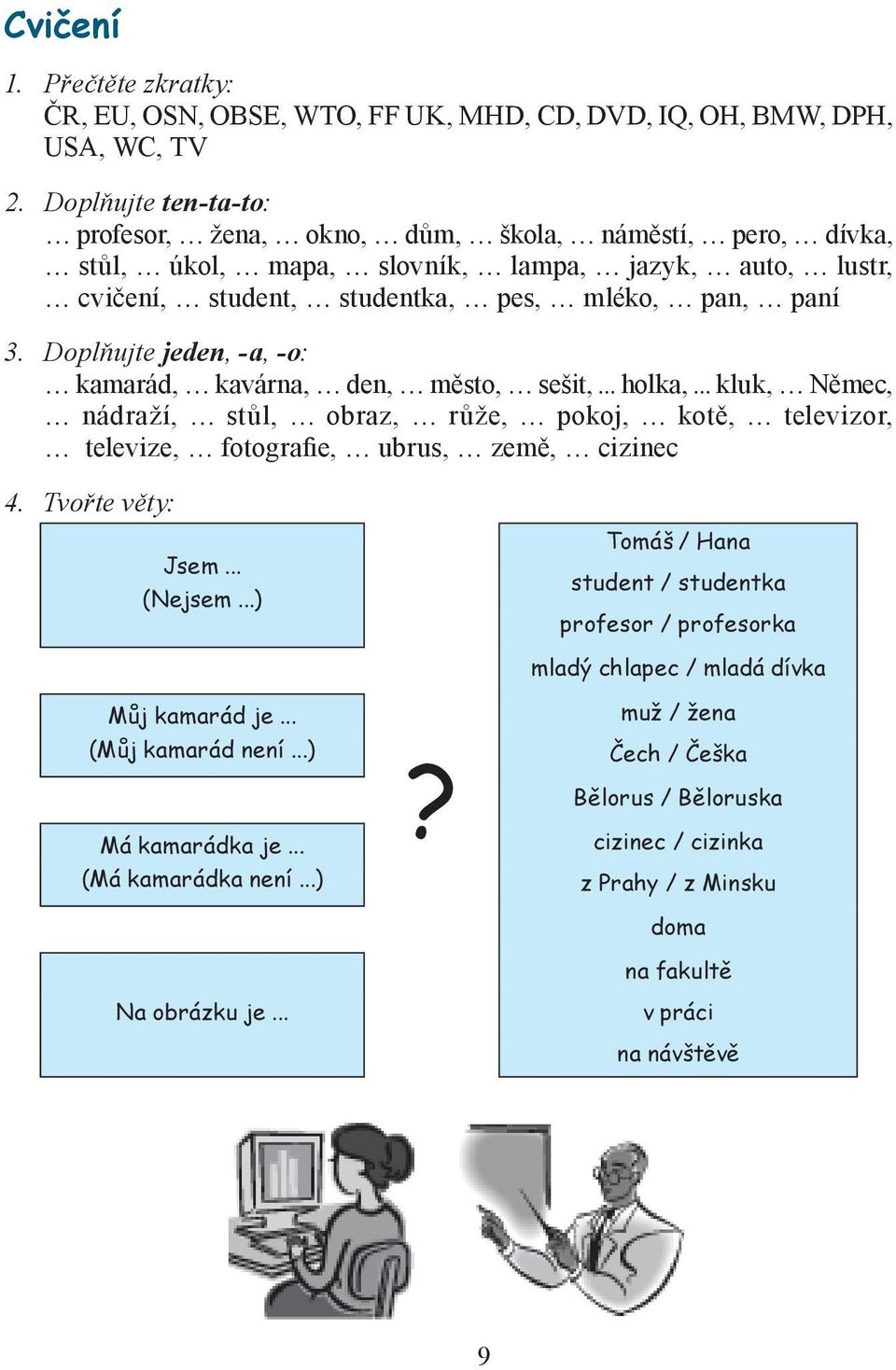 Doplňujte jeden, -a, -o: kamarád, kavárna, den, město, sešit,... holka,... kluk, Němec, nádraží, stůl, obraz, růže, pokoj, kotě, televizor, televize, fotografie, ubrus, země, cizinec 4.