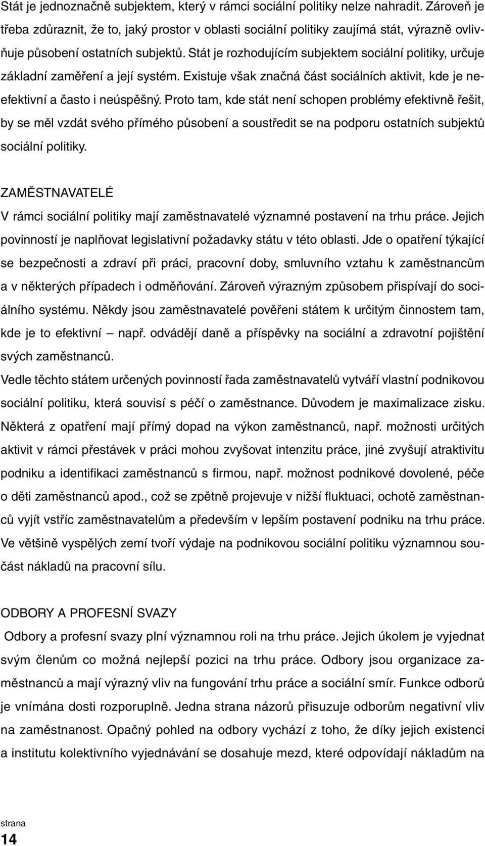 Stát je rozhodujícím subjektem sociální politiky, určuje základní zaměření a její systém. Existuje však značná část sociálních aktivit, kde je neefektivní a často i neúspěšný.