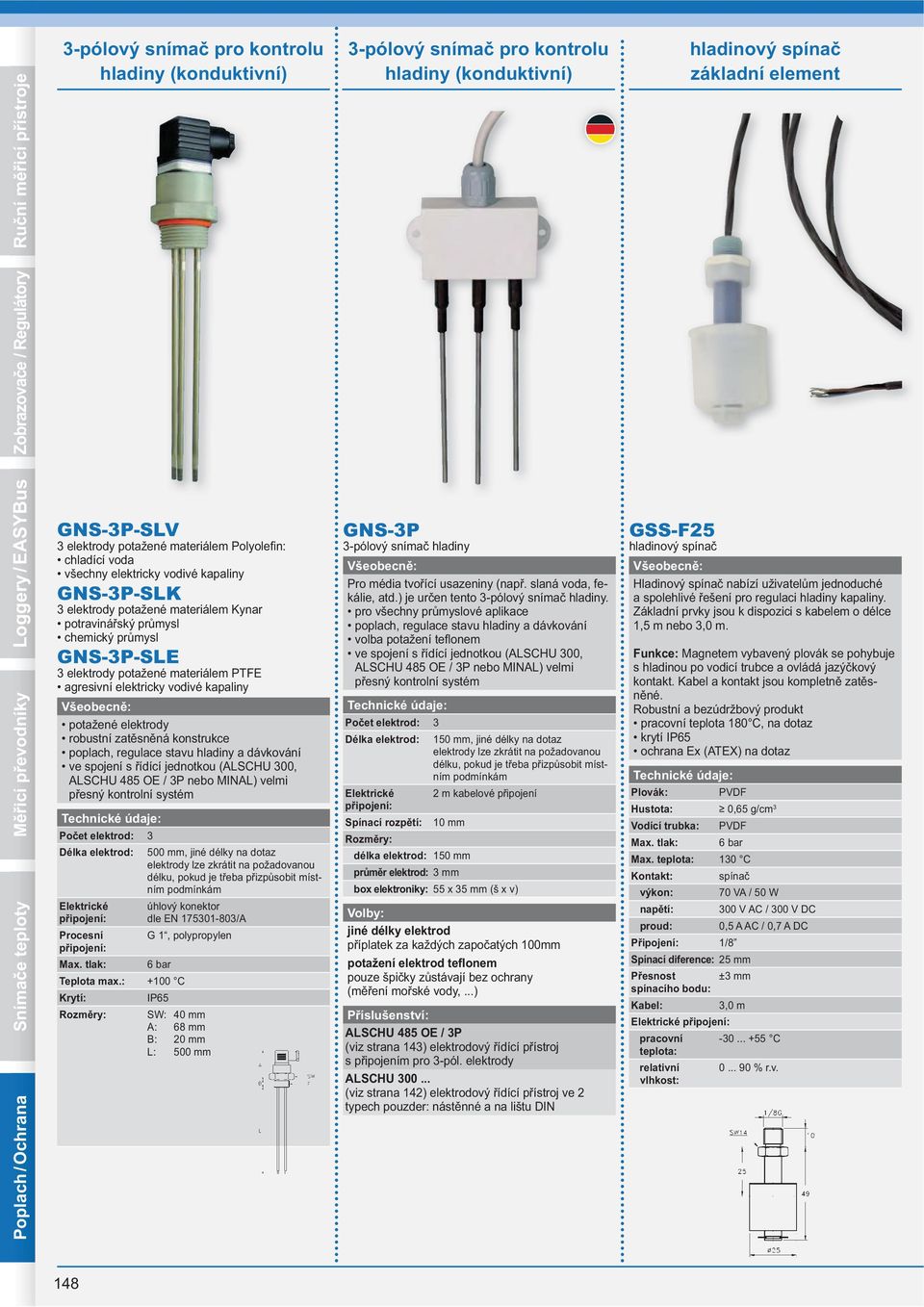 mysl chemický pr mysl GNS-3P-SLE 3 elektrody potažené materiálem PTFE agresivní elektricky vodivé kapaliny potažené elektrody robustní zat sn ná konstrukce poplach, regulace stavu hladiny a dávkování