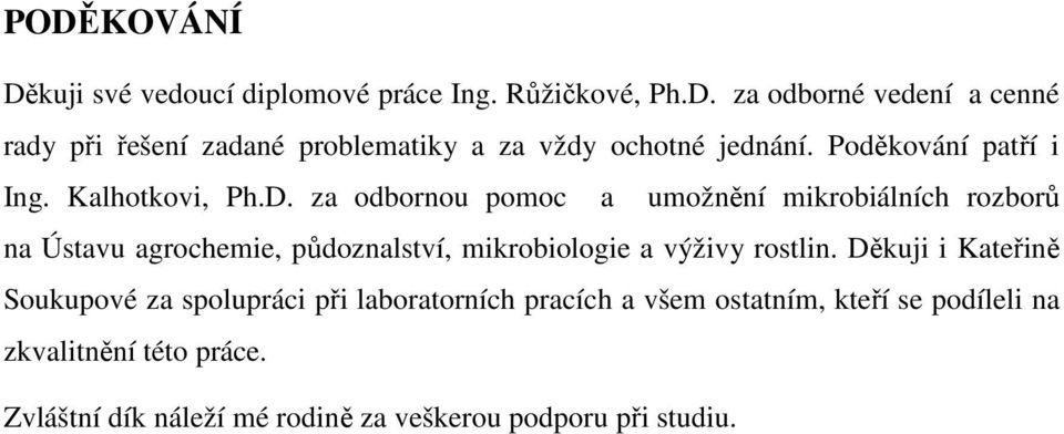 za odbornou pomoc a umožnění mikrobiálních rozborů na Ústavu agrochemie, půdoznalství, mikrobiologie a výživy rostlin.