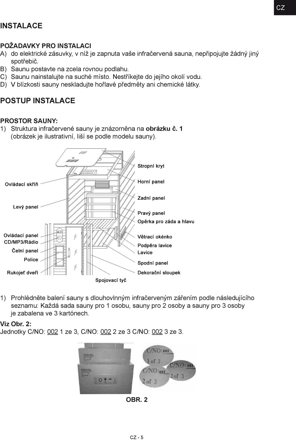 Postup instalace Prostor sauny: 1) Struktura infračervené sauny je znázorněna na obrázku č. 1 (obrázek je ilustrativní, liší se podle modelu sauny).
