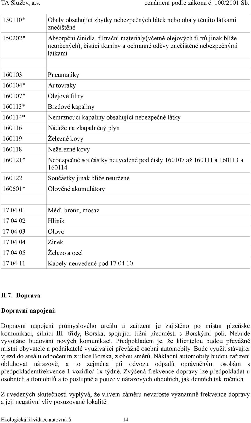 Nádrže na zkapalněný plyn 160119 Železné kovy 160118 Neželezné kovy 160121* Nebezpečné součástky neuvedené pod čísly 160107 až 160111 a 160113 a 160114 160122 Součástky jinak blíže neurčené 160601*