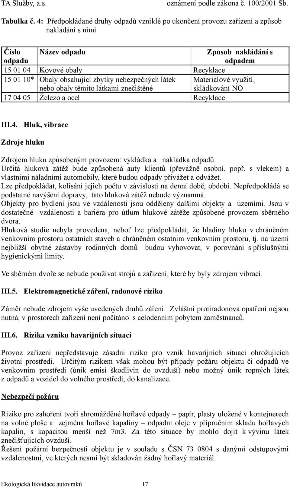 látek nebo obaly těmito látkami znečištěné 17 04 05 Železo a ocel Recyklace Způsob nakládání s odpadem Materiálové využití, skládkování NO III.4. Hluk, vibrace Zdroje hluku Zdrojem hluku způsobeným provozem: vykládka a nakládka odpadů.