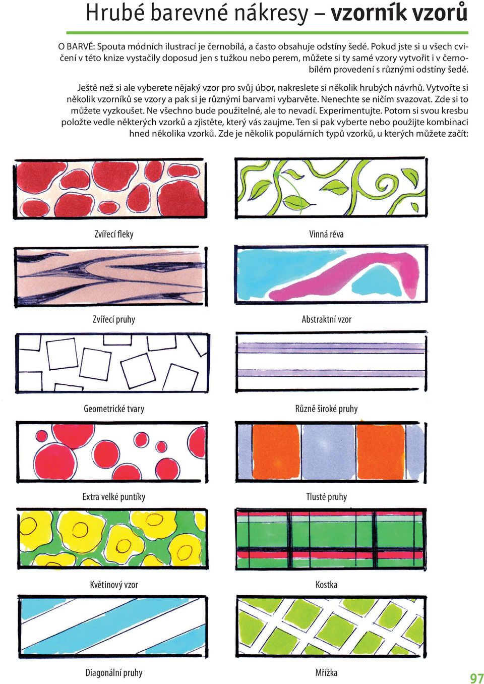 Ještě než si ale vyberete nějaký vzor pro svůj úbor, nakreslete si několik hrubých návrhů. Vytvořte si několik vzorníků se vzory a pak si je různými barvami vybarvěte. Nenechte se ničím svazovat.