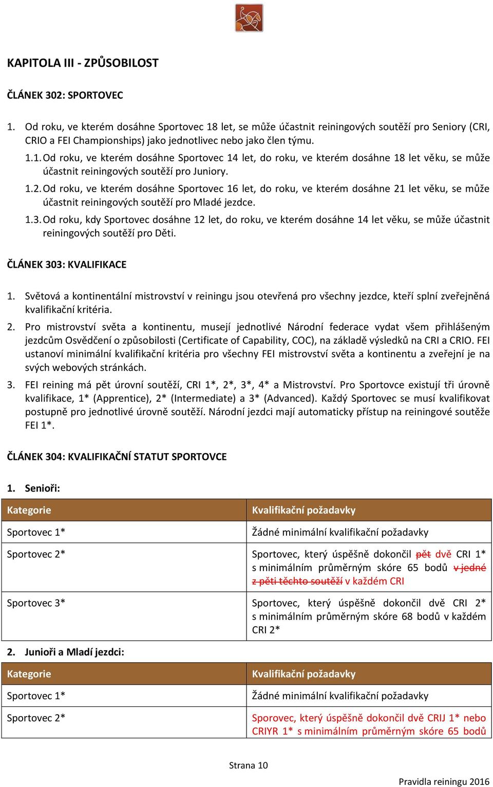 1.2. Od roku, ve kterém dosáhne Sportovec 16 let, do roku, ve kterém dosáhne 21 let věku, se může účastnit reiningových soutěží pro Mladé jezdce. 1.3.