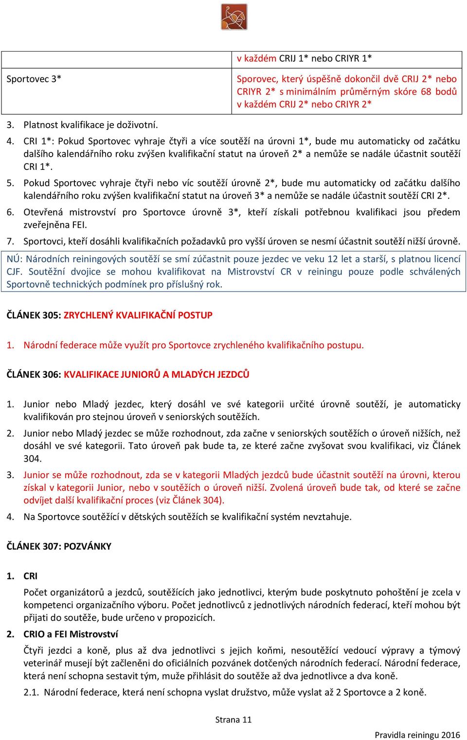 CRI 1*: Pokud Sportovec vyhraje čtyři a více soutěží na úrovni 1*, bude mu automaticky od začátku dalšího kalendářního roku zvýšen kvalifikační statut na úroveň 2* a nemůže se nadále účastnit soutěží