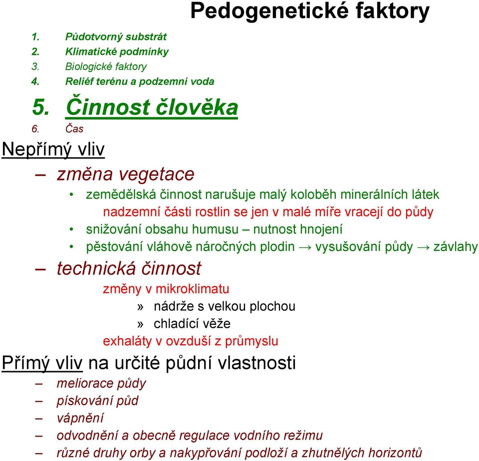 humusu nutnost hnojení pěstování vláhově náročných plodin vysušování půdy závlahy technická činnost změny v mikroklimatu» nádrže s velkou plochou» chladící věže exhaláty